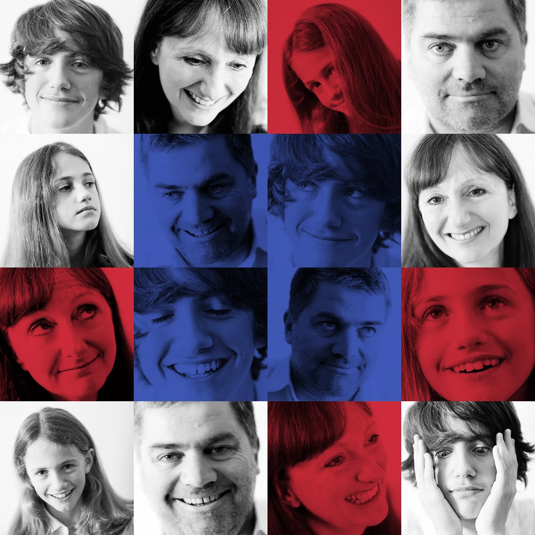 Colorful family portrait grid of faces in red blue and grey tones showing multiple expressions
