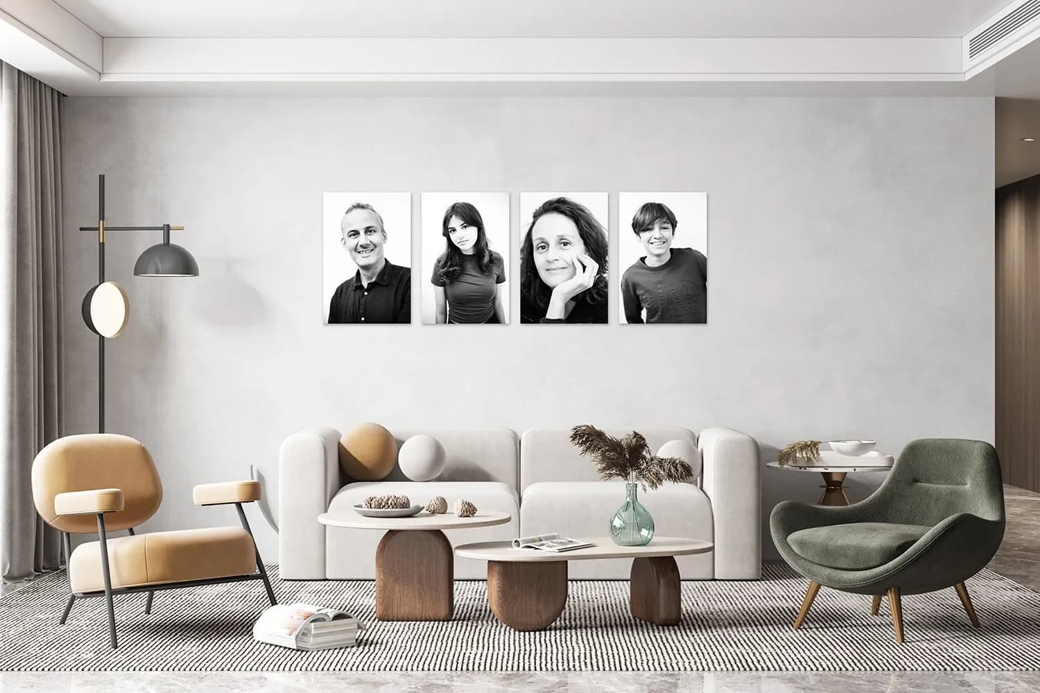 Black and white family portrait collage of candid expressions displayed as wall art above a desk
