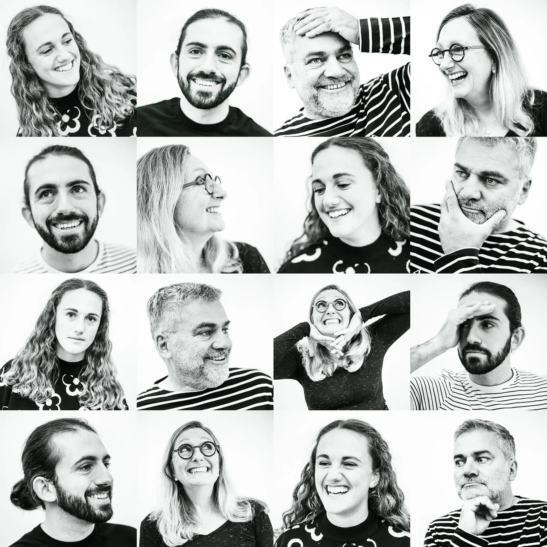Black and white candid family portrait grid showing genuine expressions of four family members