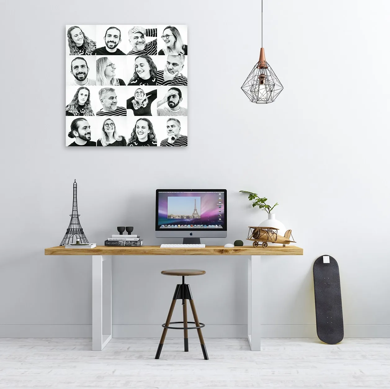 Playful family portrait of four adults interacting candidly in casual clothes in studio